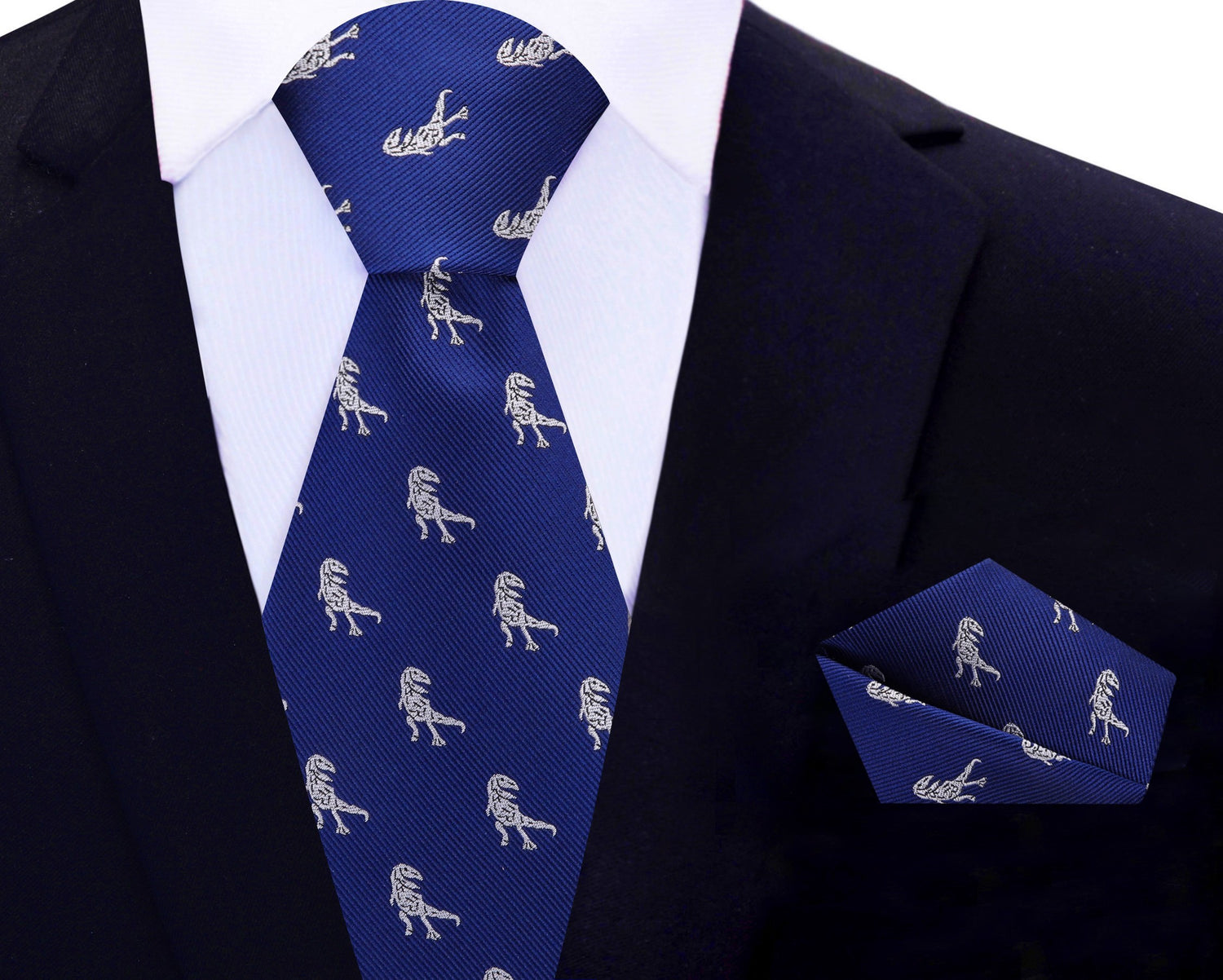 View 2 Blue, Grey T-Rex Silk Necktie and Matching Pocket Square