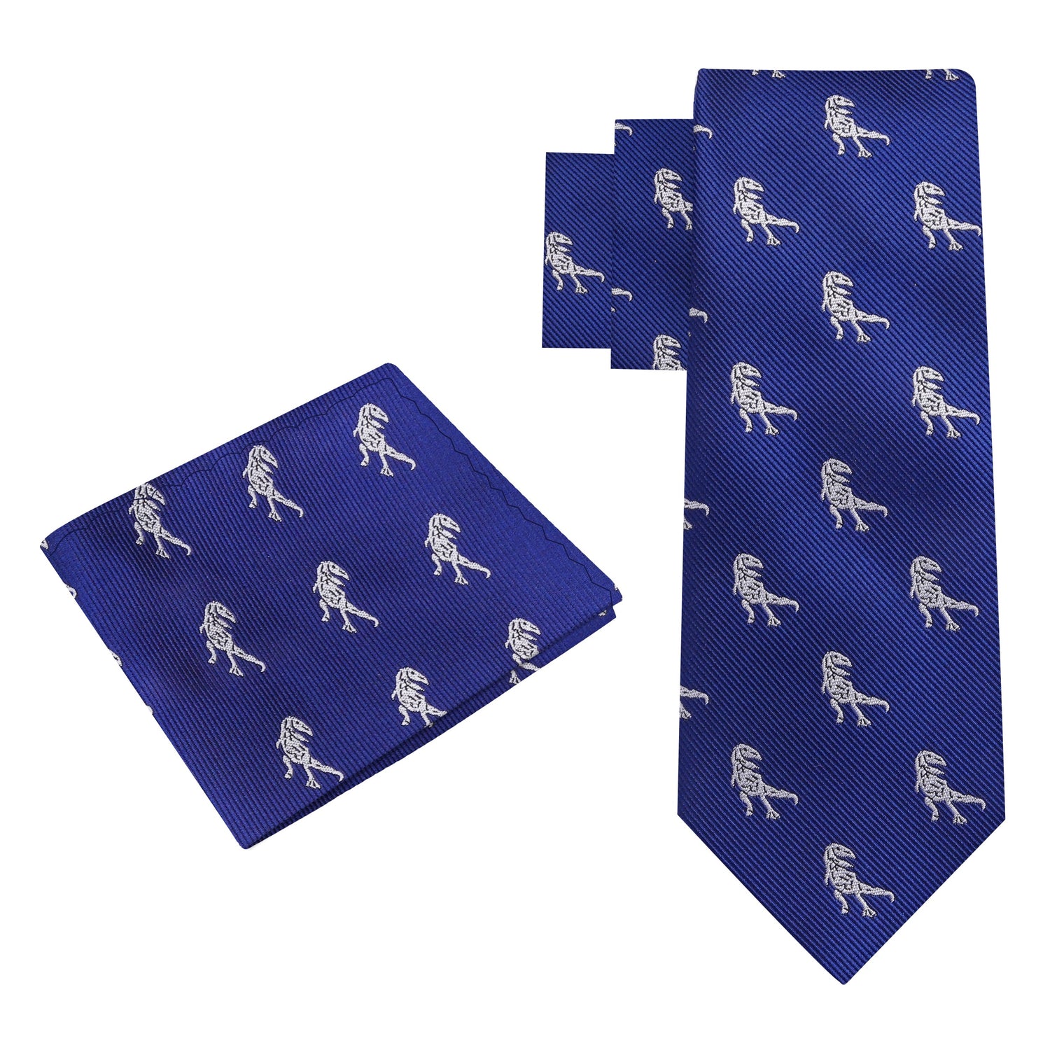 Alt View: Blue, Grey T-Rex Silk Necktie and Matching Pocket Square