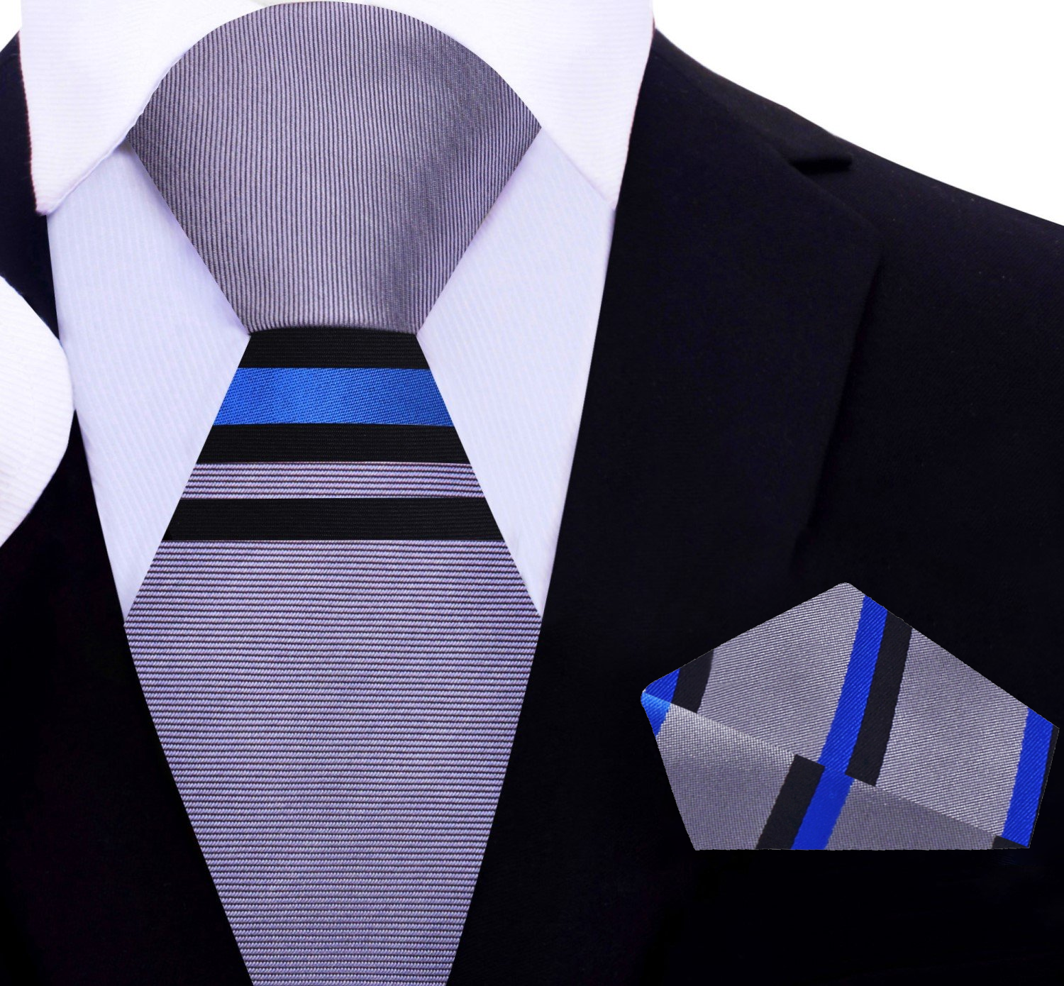 Grey, Black, Blue Stripe Tie and Accenting Stripe Square