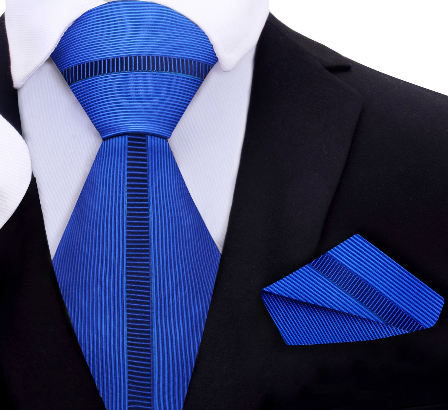 A Blue Tie With A Dark Blue Line Down The Center Tie and Pocket Square.