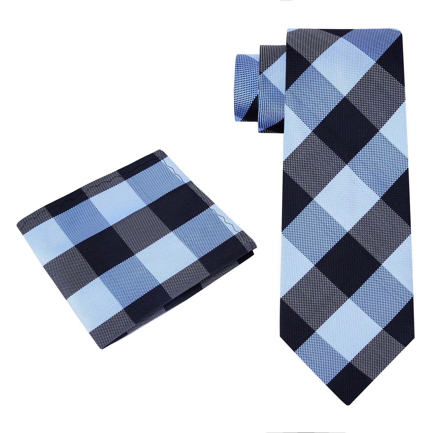 Alt View: A Blue, Dark Blue Plaid Pattern Silk Necktie, Matching Pocket Square