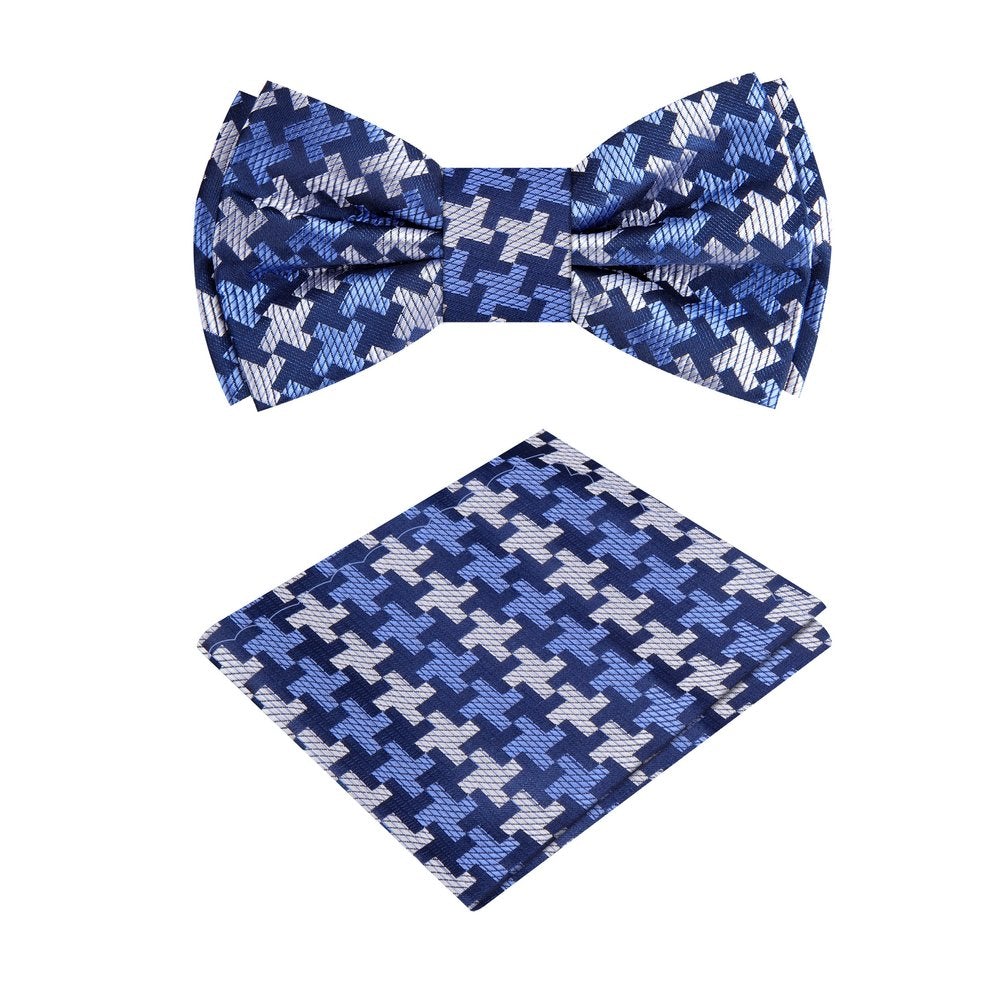 Coach PRIME Deion Sanders Blue, Grey Geometric Hounds Tooth Stealth Bow Tie and Square