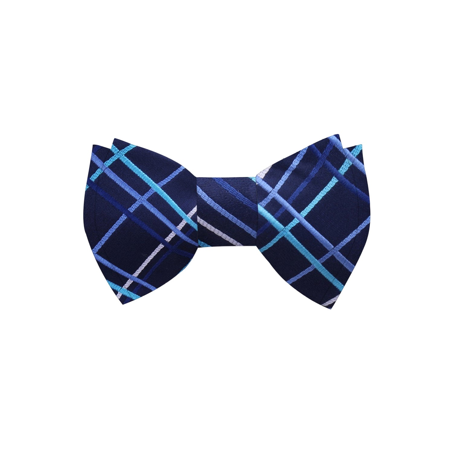 A Dark Blue, Light Blue, Blue Plaid Pattern Silk Self Tie Bow Tie