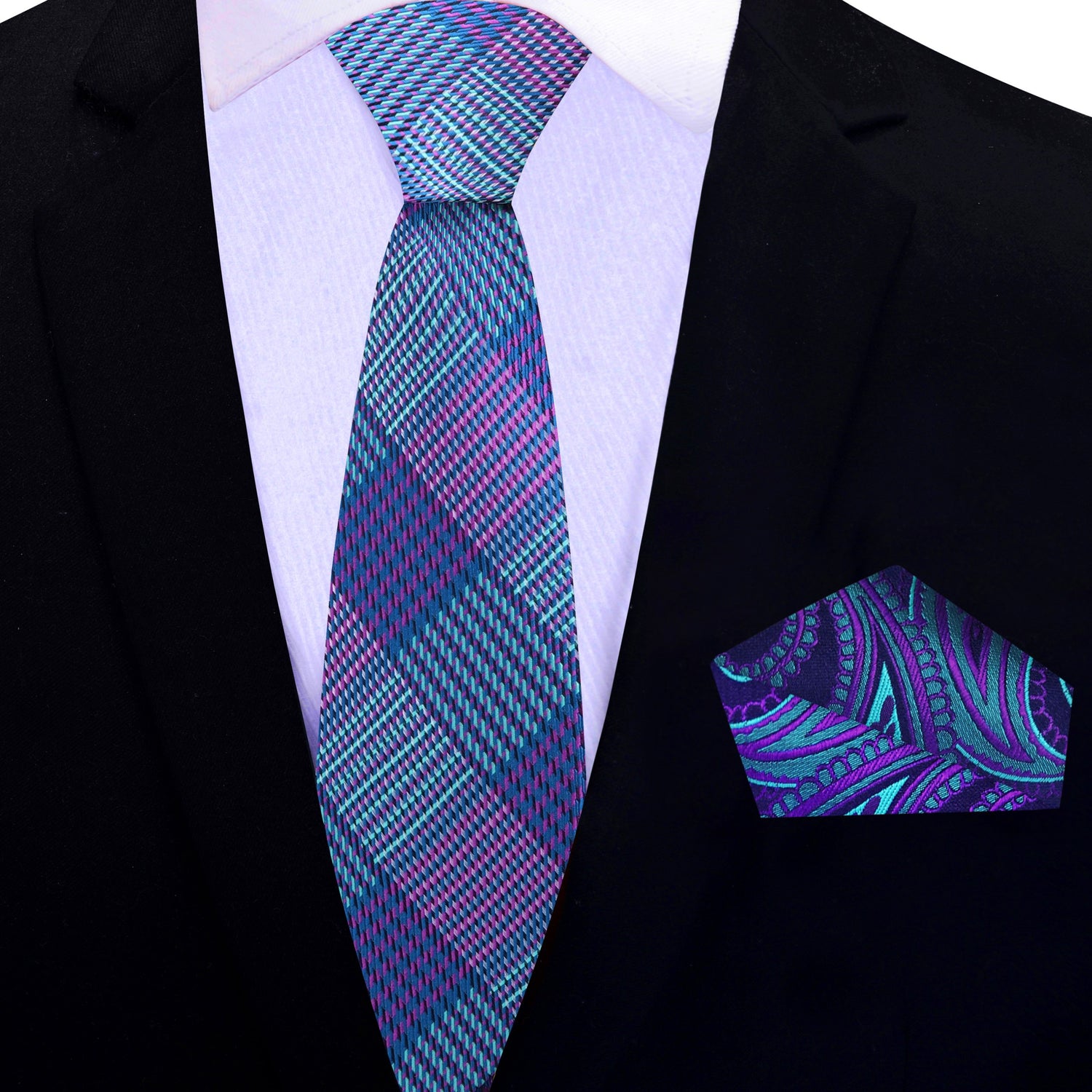 Thin Tie: Blue, Purple Plaid Tie and Accenting Paisley Square