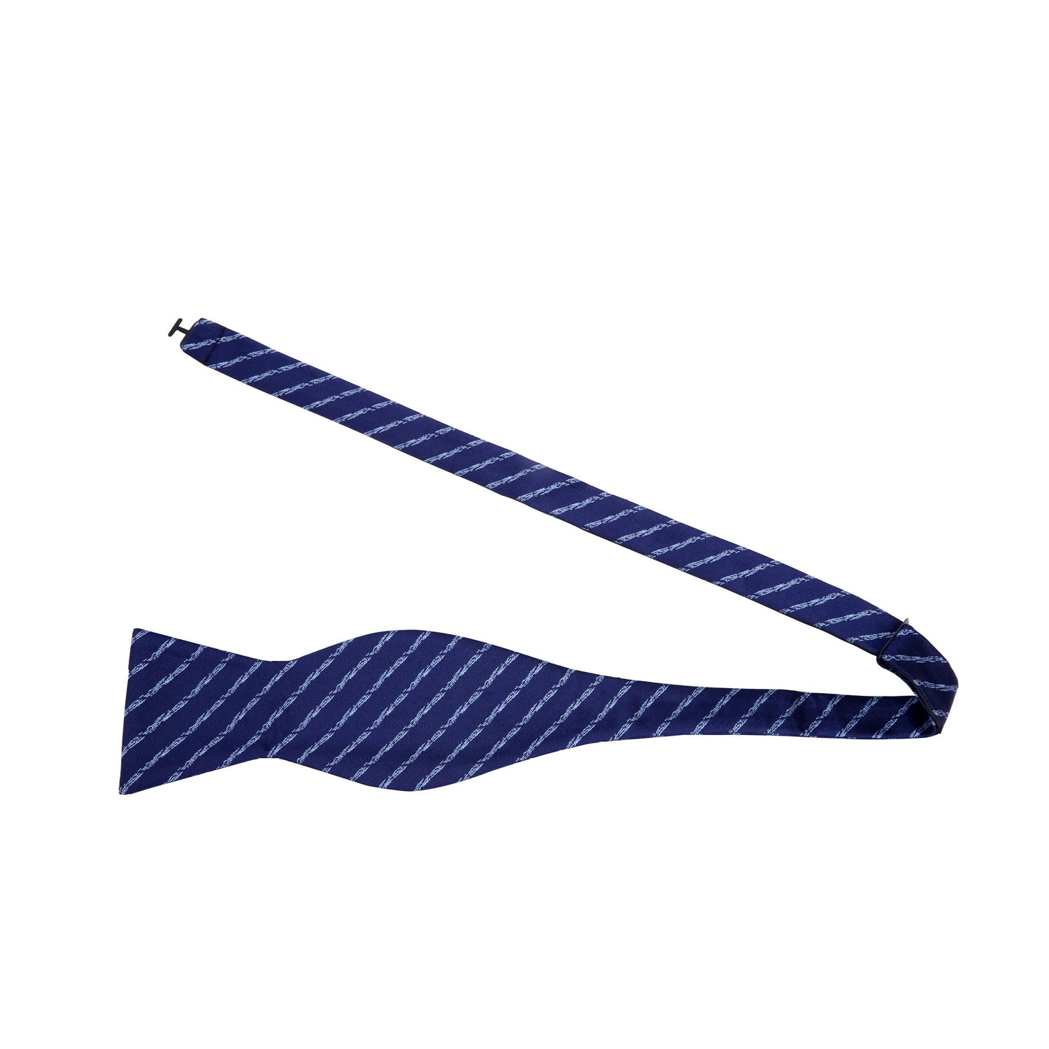 A Dark Blue, Light Blue Stripe Pattern Silk Self-Tie Bow Tie Untied