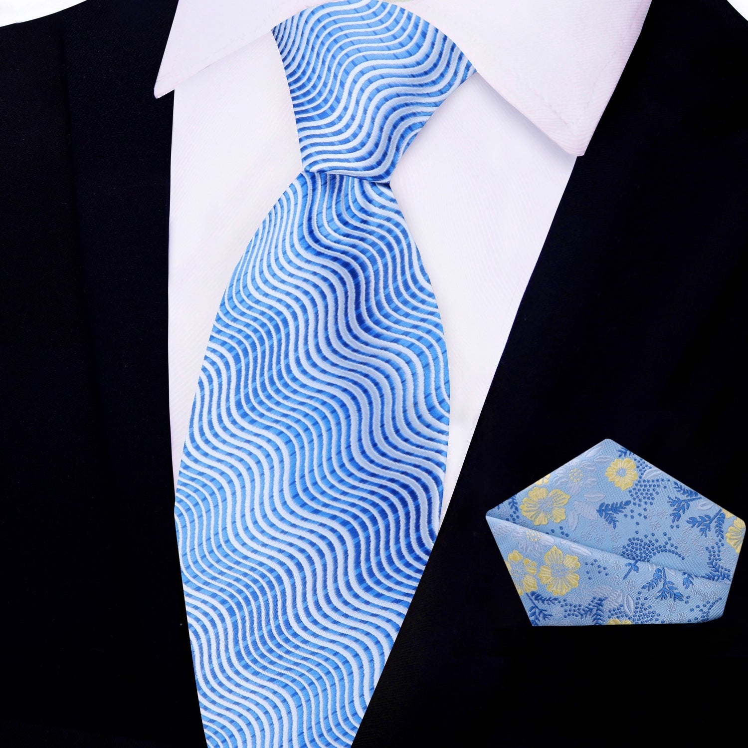 View 2: Shades of Blue Wavy Lines Necktie with Shades of Blue and Yellow Floral Pocket Square