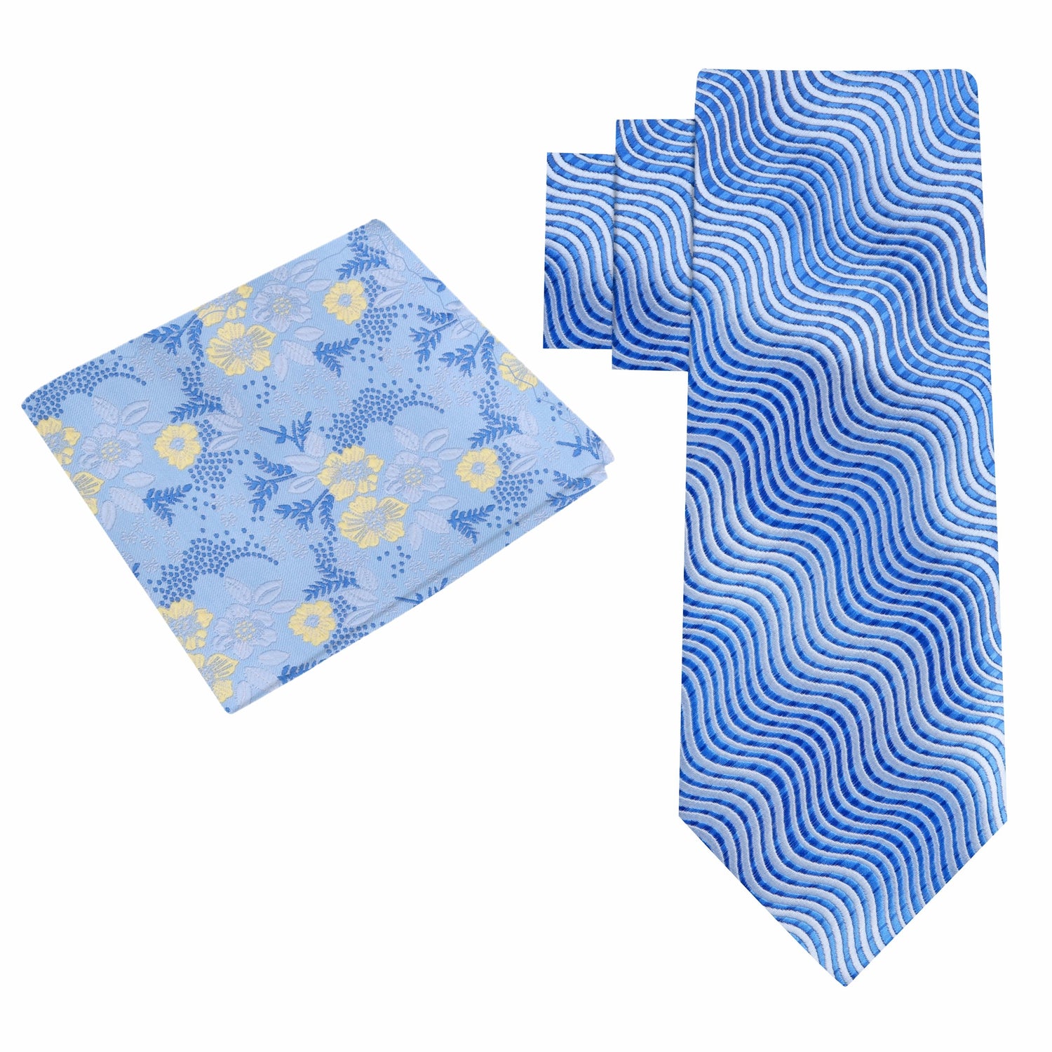 Alt View: Shades of Blue Wavy Lines Necktie with Shades of Blue and Yellow Floral Pocket Square