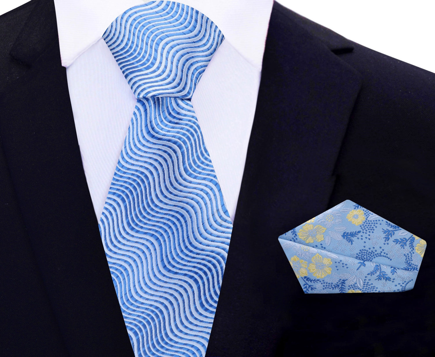 Shades of Blue Wavy Lines Necktie with Shades of Blue and Yellow Floral Pocket Square