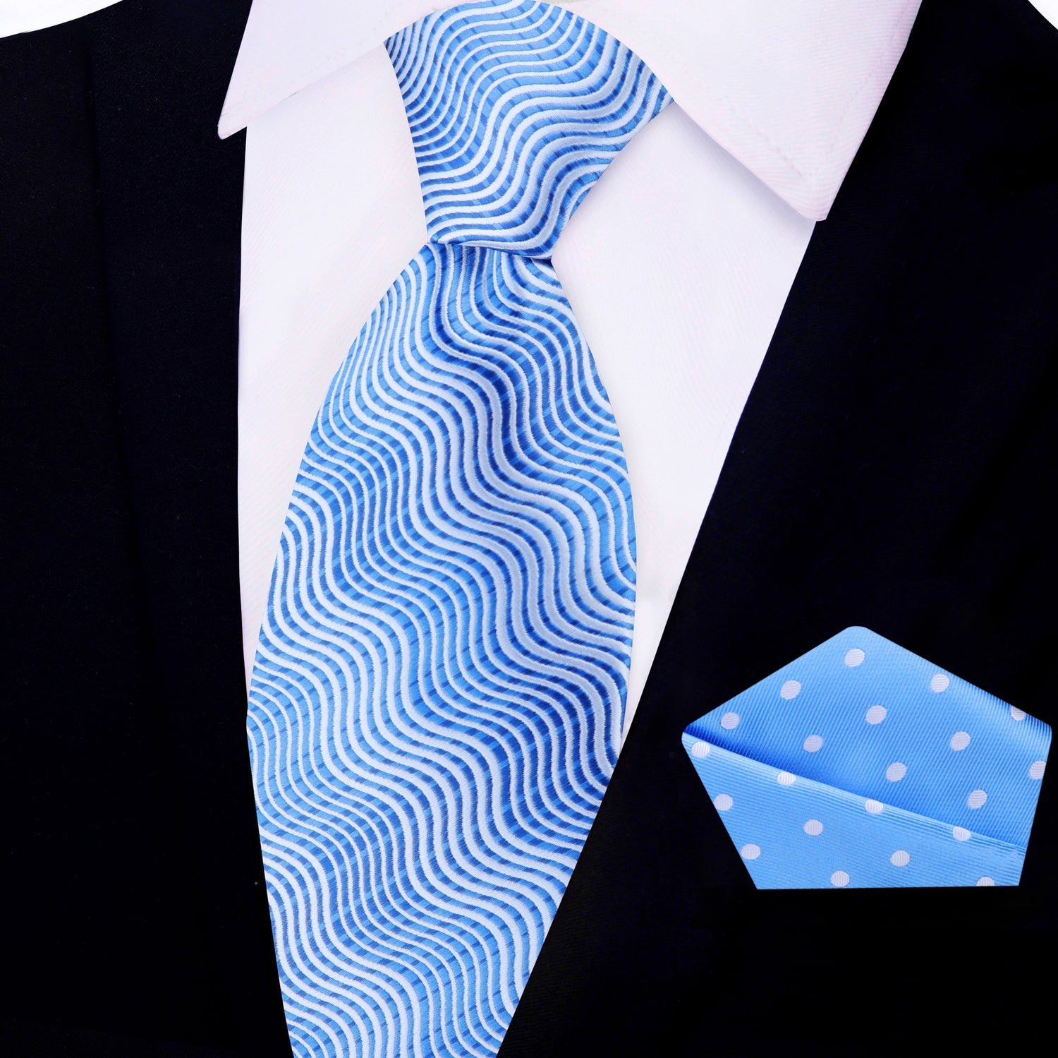 View 2: Shades of Blue Wavy Lines Necktie with Light Blue, White Polka Pocket Square