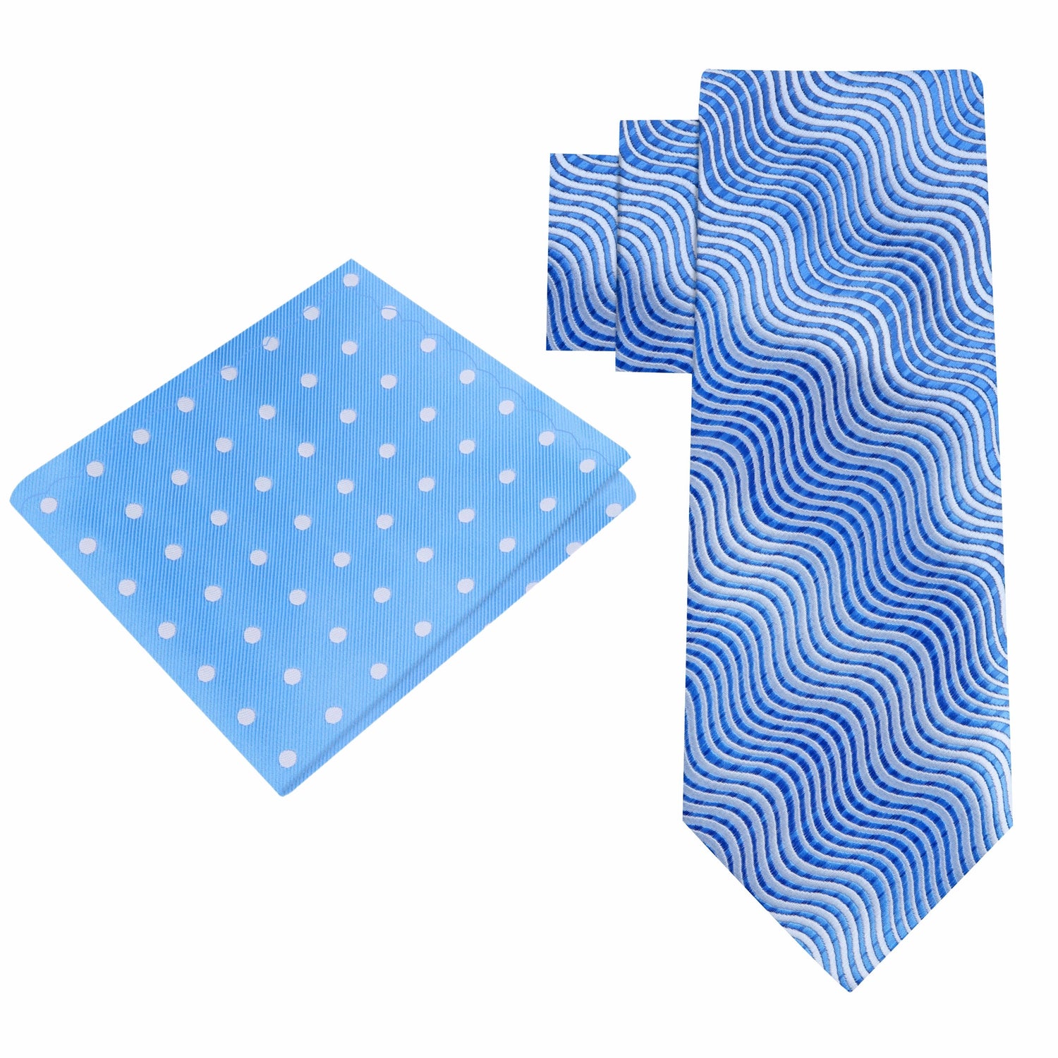 Alt View: Shades of Blue Wavy Lines Necktie with Light Blue, White Polka Pocket Square
