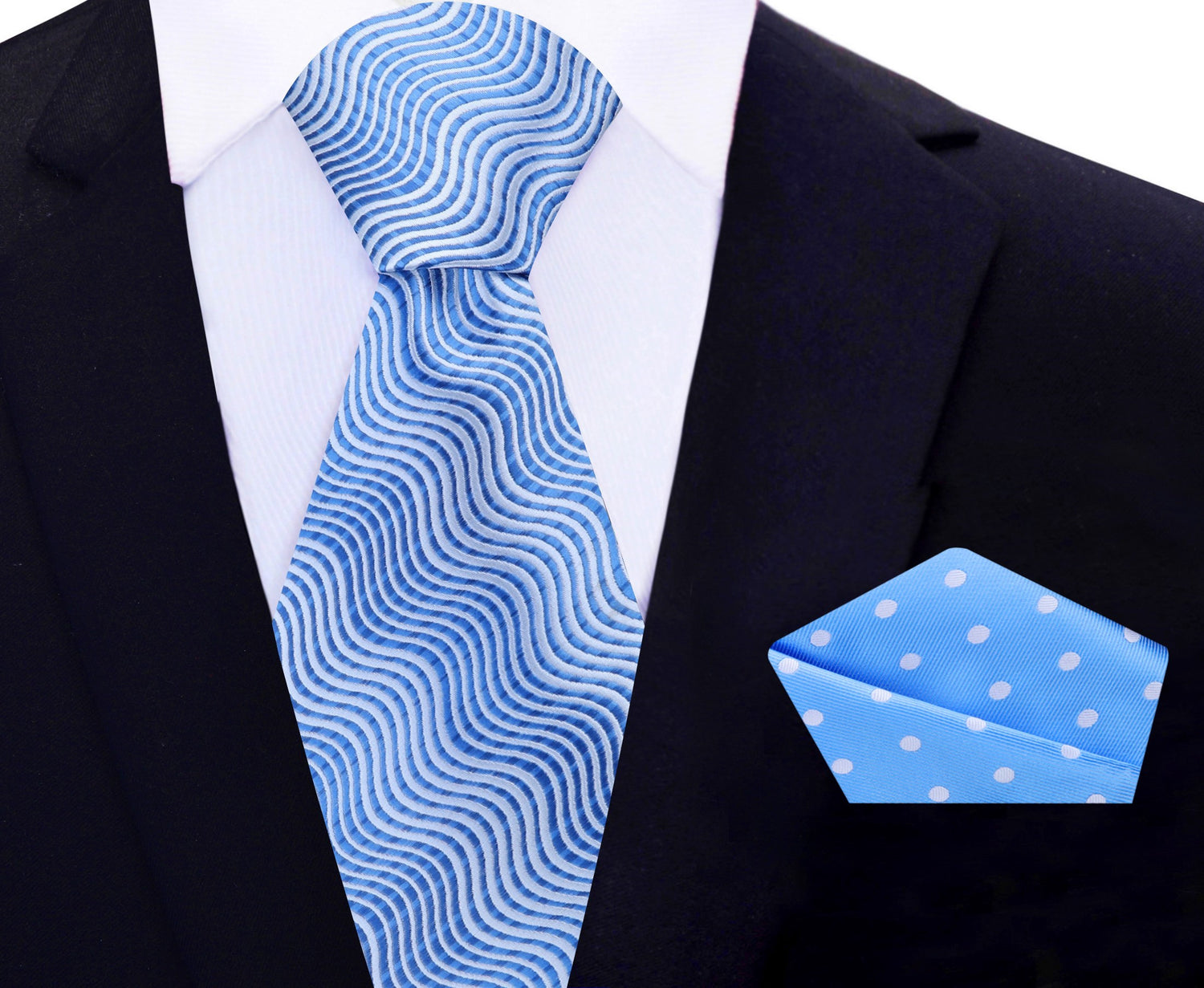 Shades of Blue Wavy Lines Necktie with Light Blue, White Polka Pocket Square