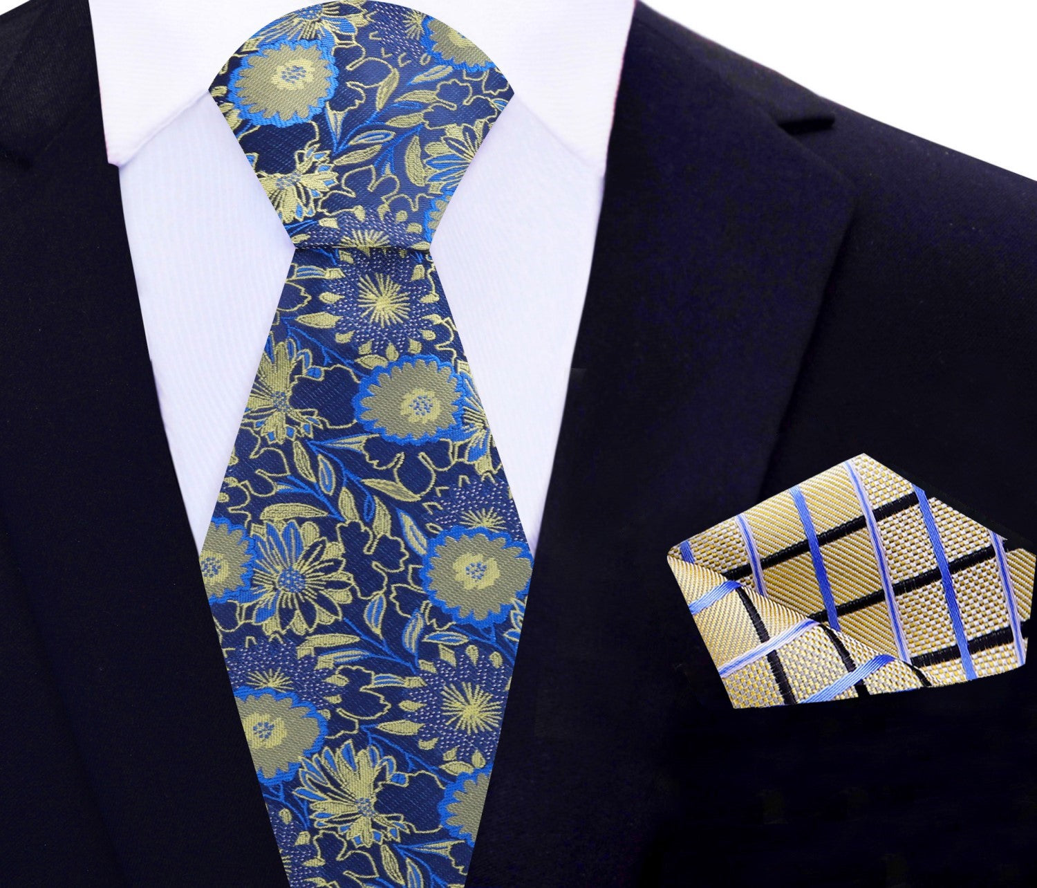 Main View: Dark Blue and Yellow Gold Floral Tie and Pocket Square