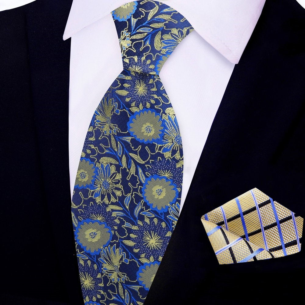 View 2 Dark Blue and Yellow Gold Floral Tie and Pocket Square