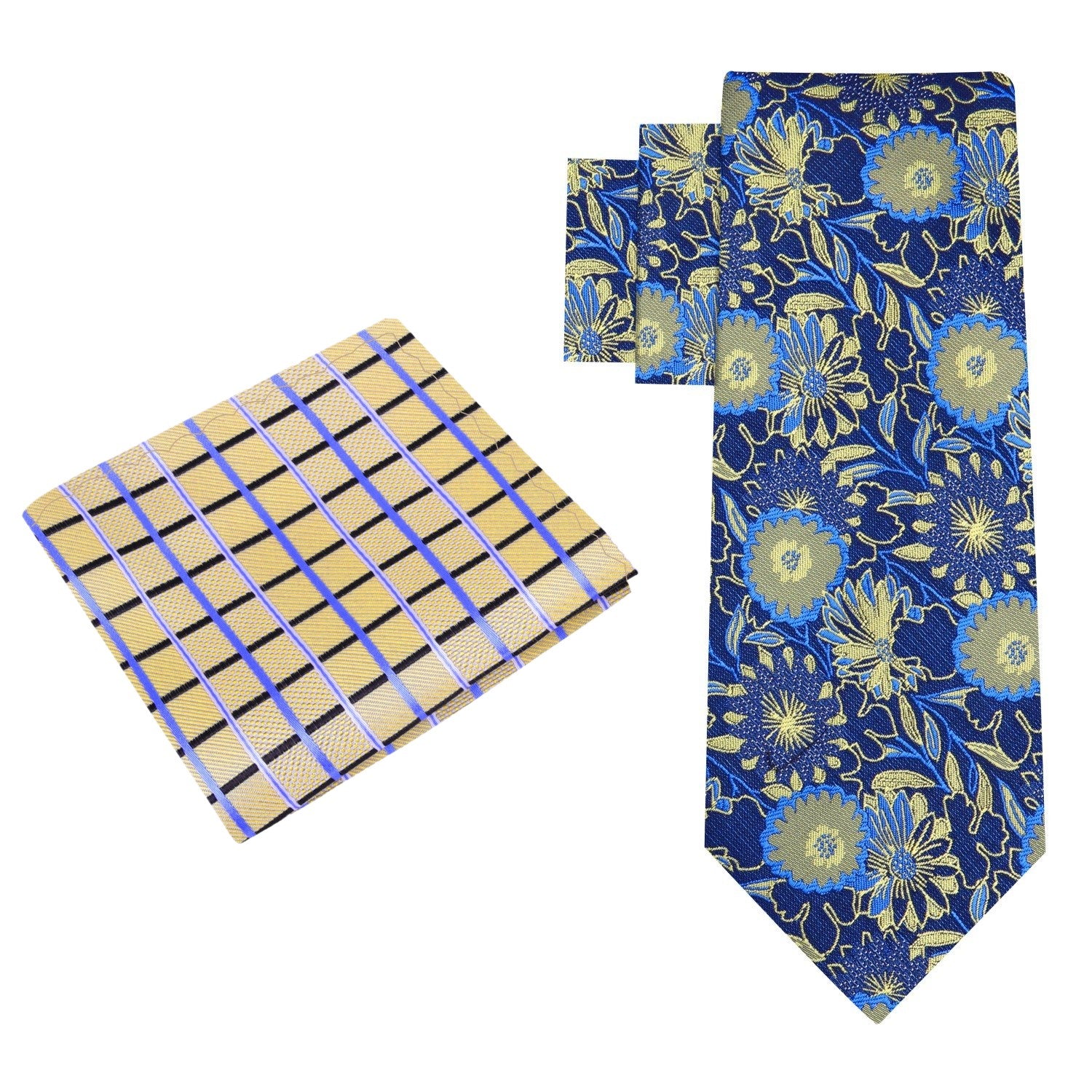 Alt View: Dark Blue and Yellow Gold Floral Tie and Pocket Square