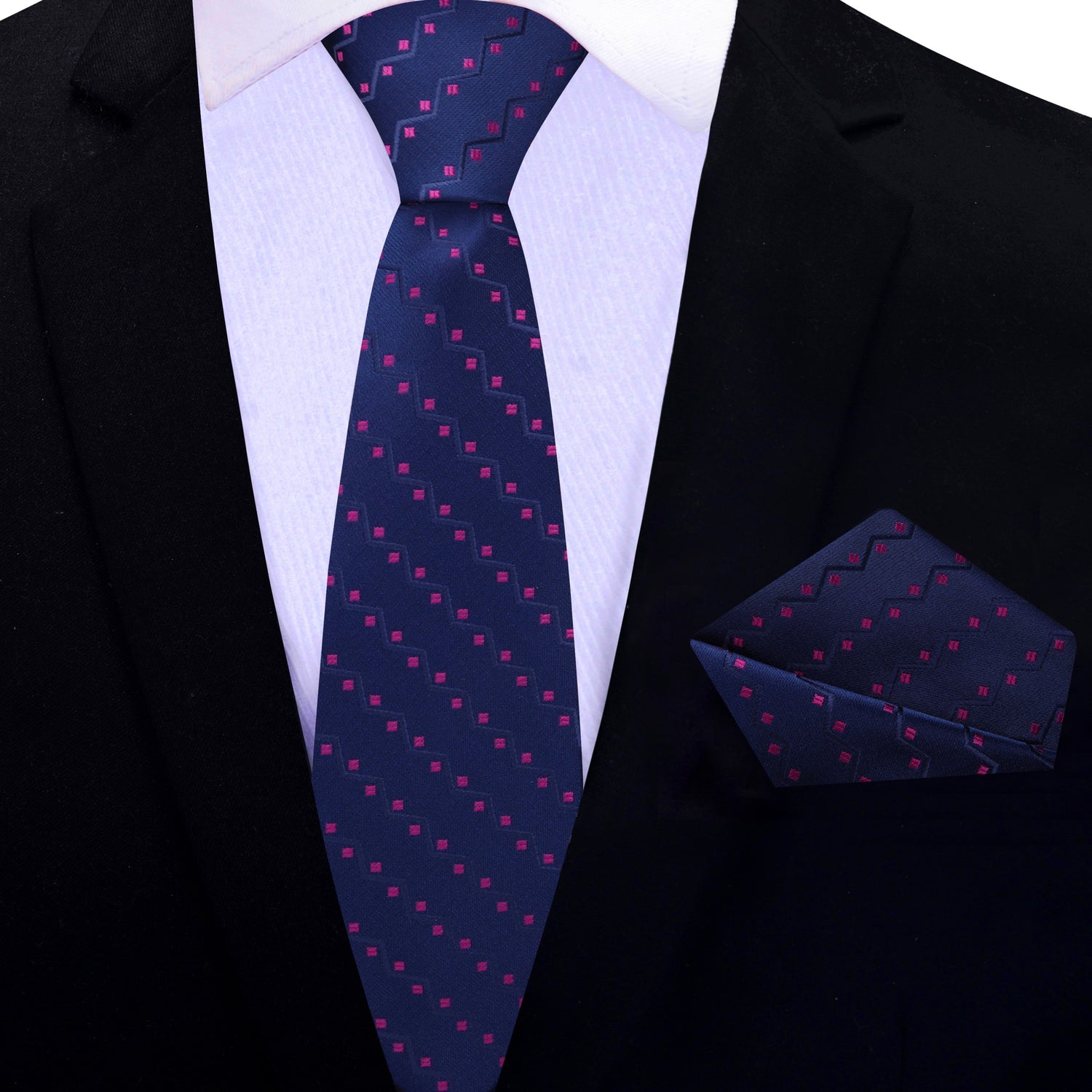 Blue and Pink Silk Thin Necktie and Pocket Square