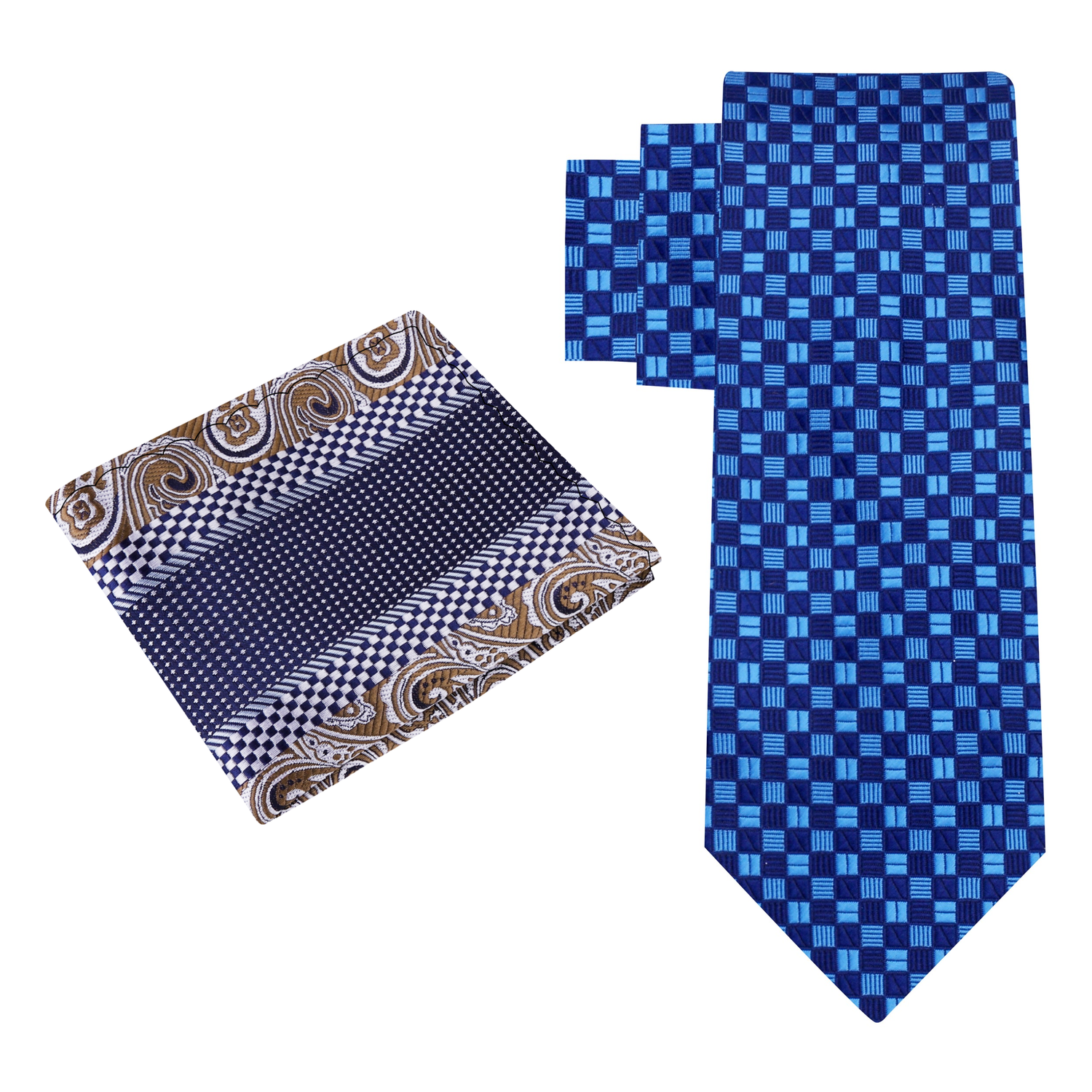 Alt View: Blue Geometric Silk Necktie and Blue, Brown Paisley Square