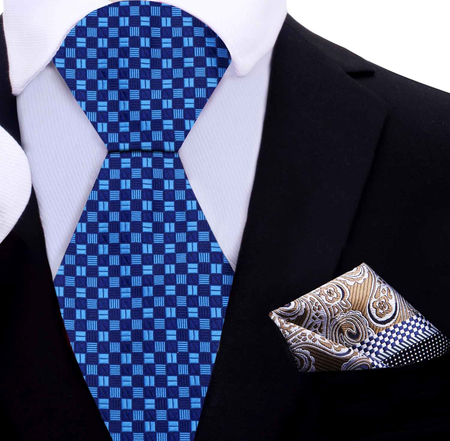 Blue Geometric Silk Necktie and Blue, Brown Paisley Square