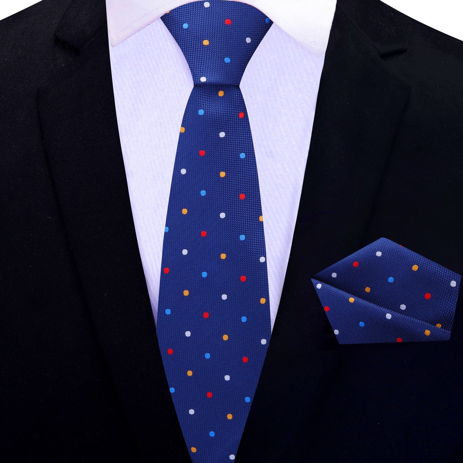 Blue with Multi Color Polka Dot Thin Tie and Pocket Square