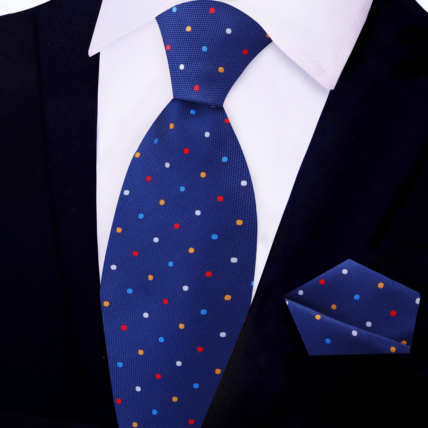 Blue with Multi Color Polka Dot Tie and Pocket Square