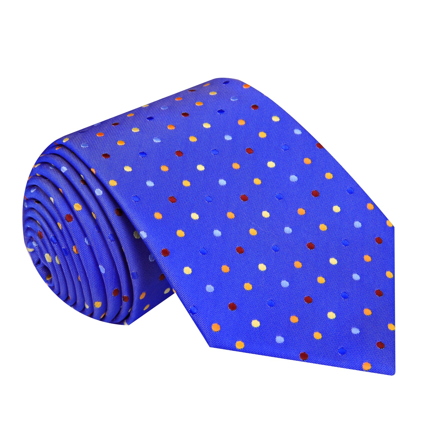 A Light Blue, Blue, Yellow Polka Dot Pattern Silk Necktie 