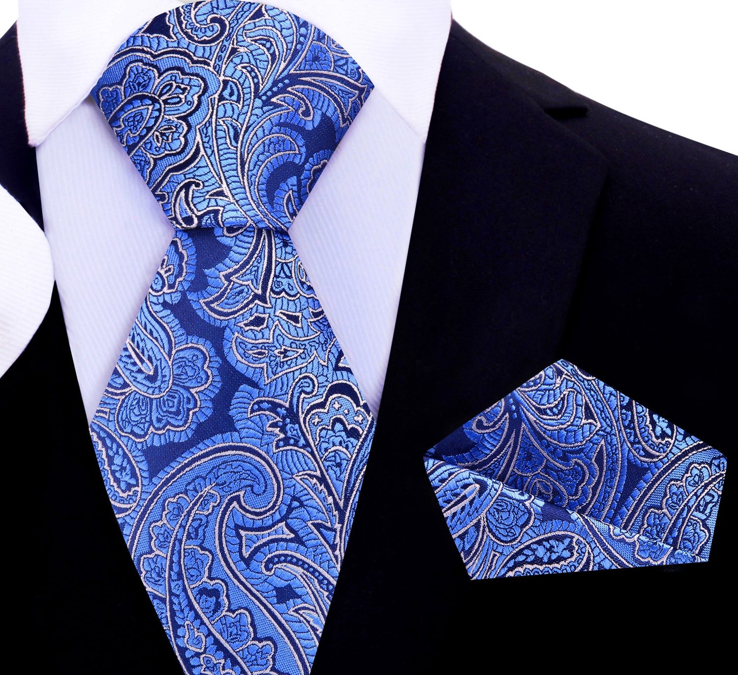 A Blue, Dark Blue Paisley Pattern Silk Necktie, Matching Pocket Square