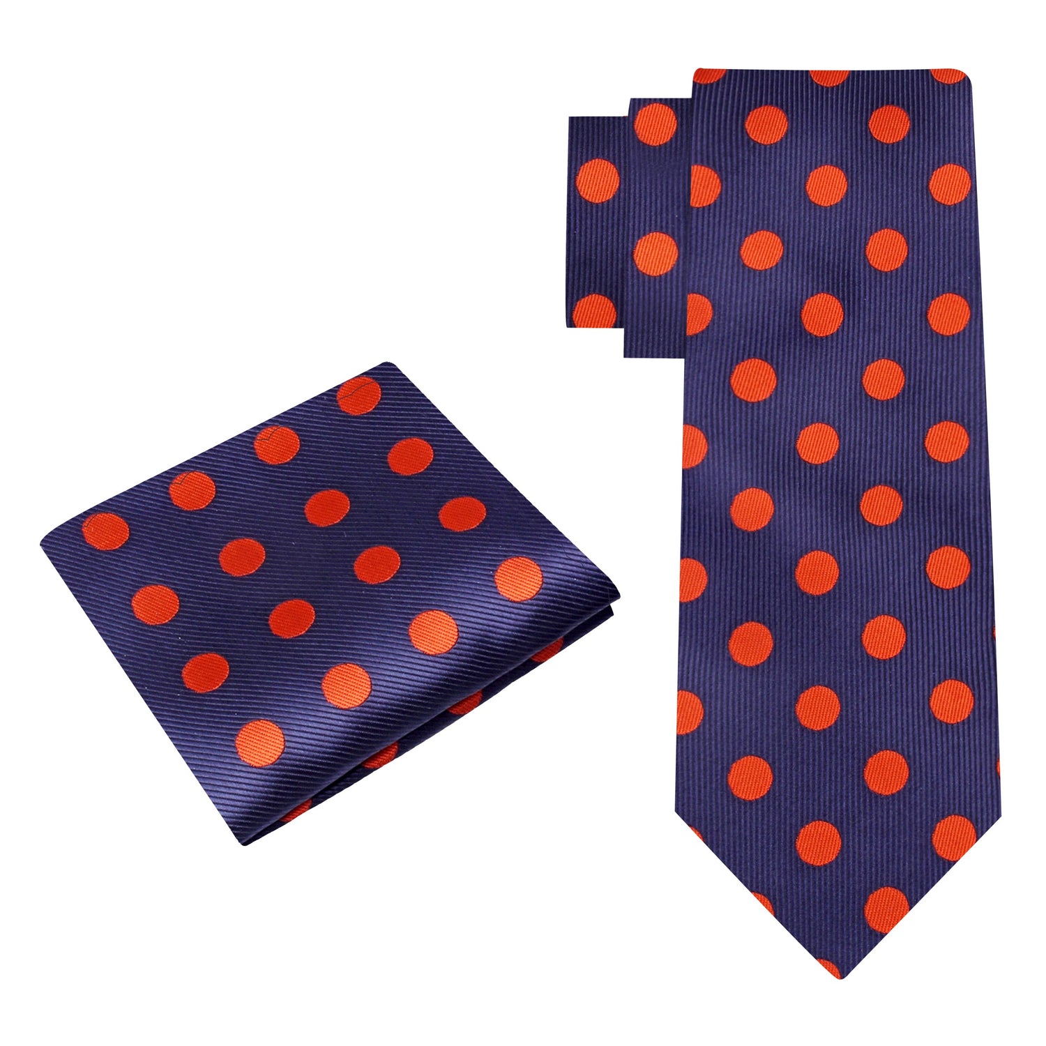 Alt View: A Blue, Orange Polka Dot Pattern Silk Necktie, Matching Pocket Square