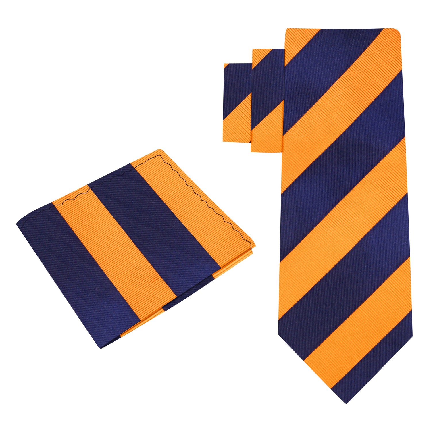 Alt View: A Orange And Blue Stripe Pattern Silk Necktie, Matching Pocket Square