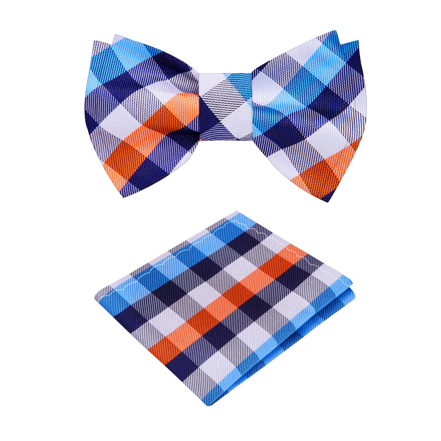 A Orange, White, Blue Geometric Check Pattern Silk Self Tie Bow Tie, Matching Pocket Square