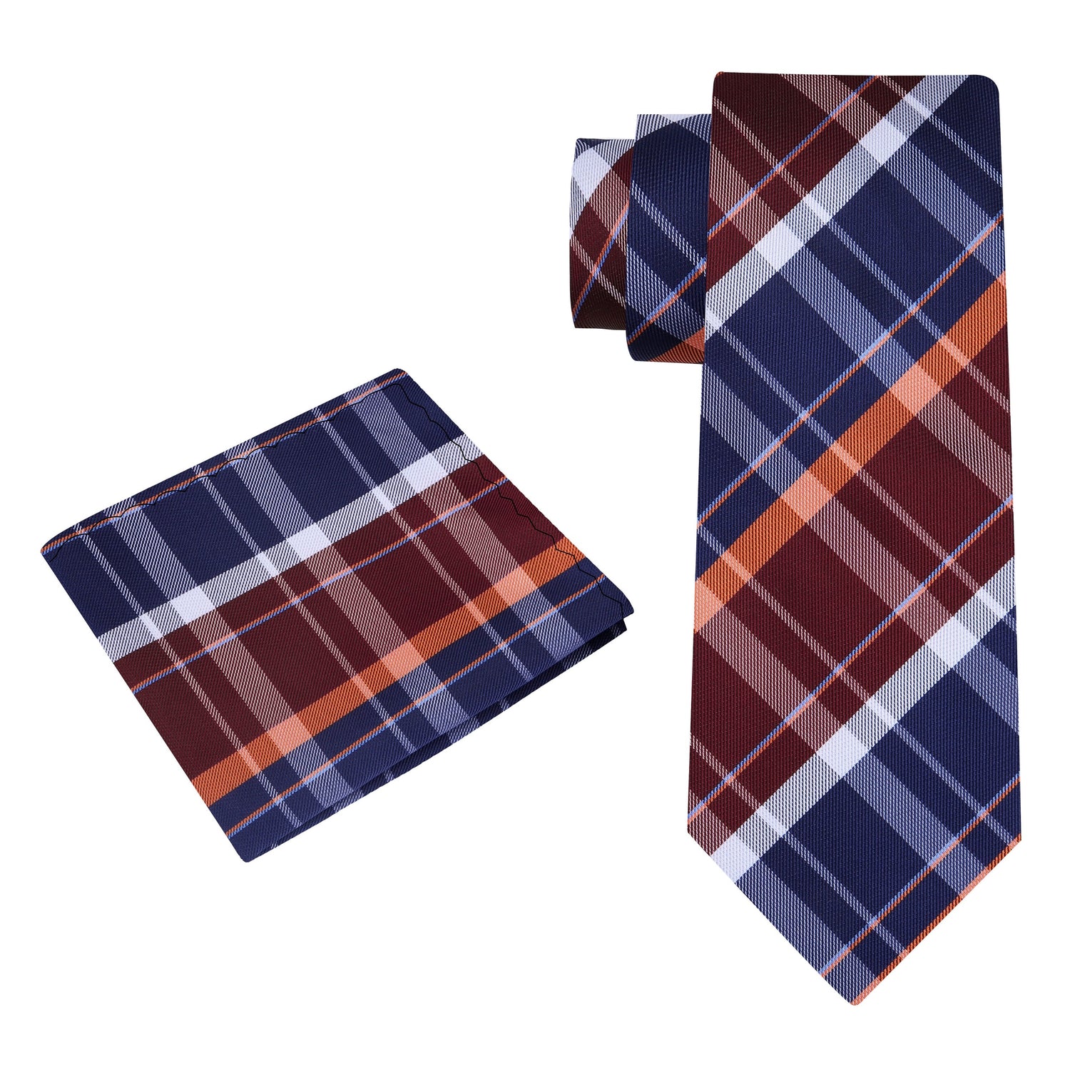 Alt View: A Blue, Burgundy, White, Orange Plaid Pattern Silk Necktie, Matching Pocket Square