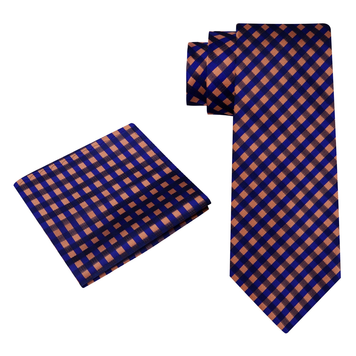 Alt View: A Dark Blue, Orange Small Geometric Check Pattern Silk Necktie, Matching Silk Pocket Square