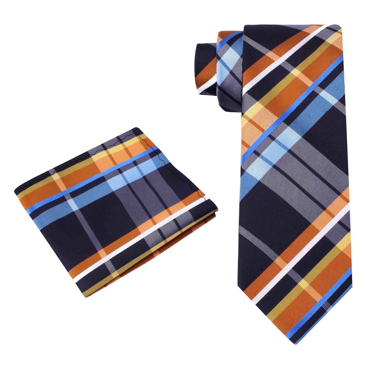 Alt View: A Blue, Orange, Light Blue Plaid Pattern Silk Necktie, Matching Pocket Square