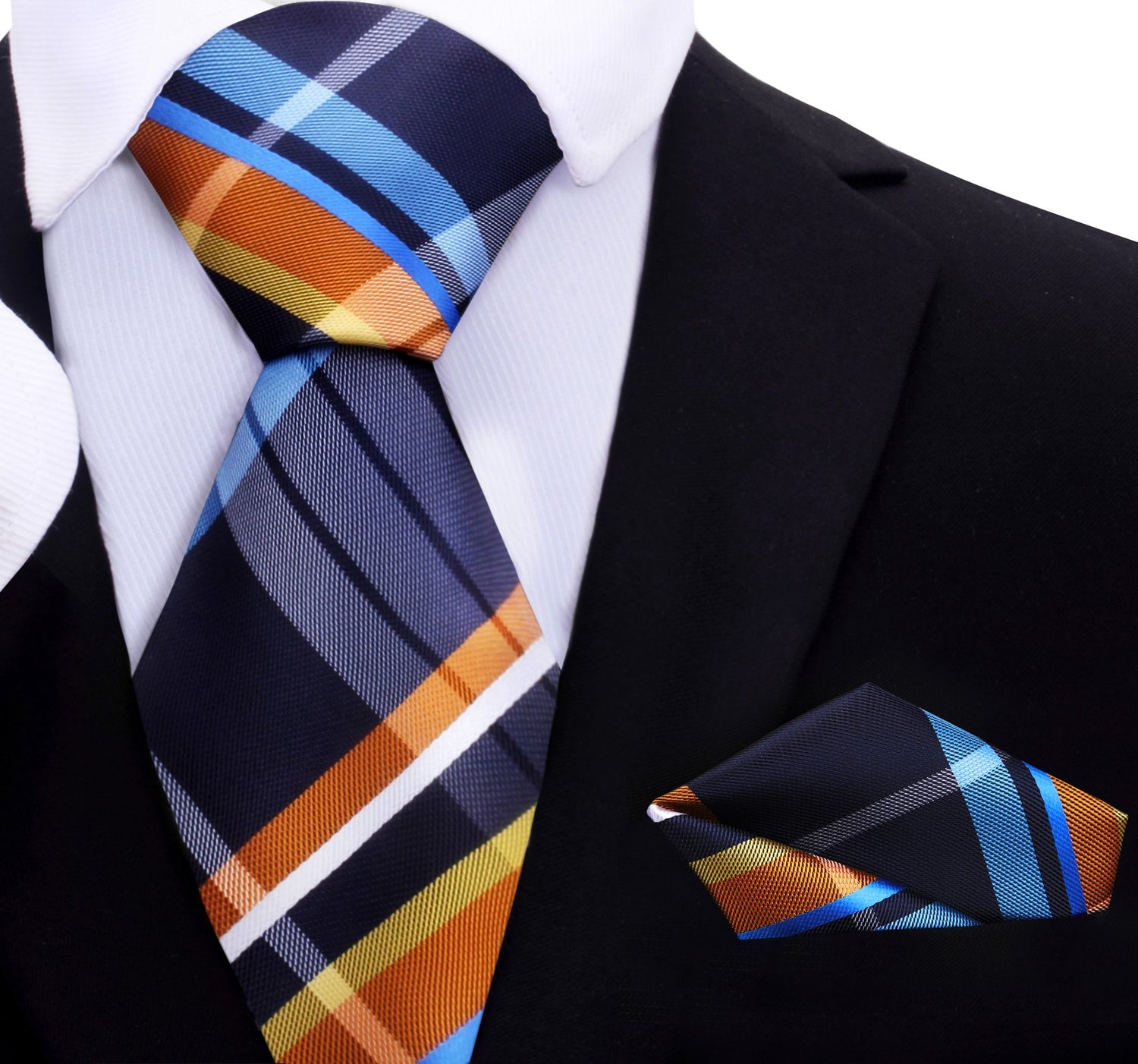 A Blue, Orange, Light Blue Plaid Pattern Silk Necktie, Matching Pocket Square