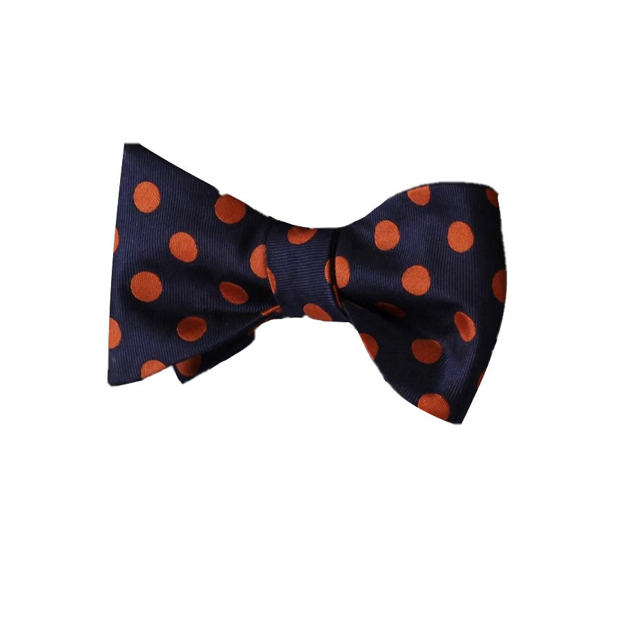A Blue, Orange Polka Pattern Silk Self Tie Bow Tie Bow Tie 