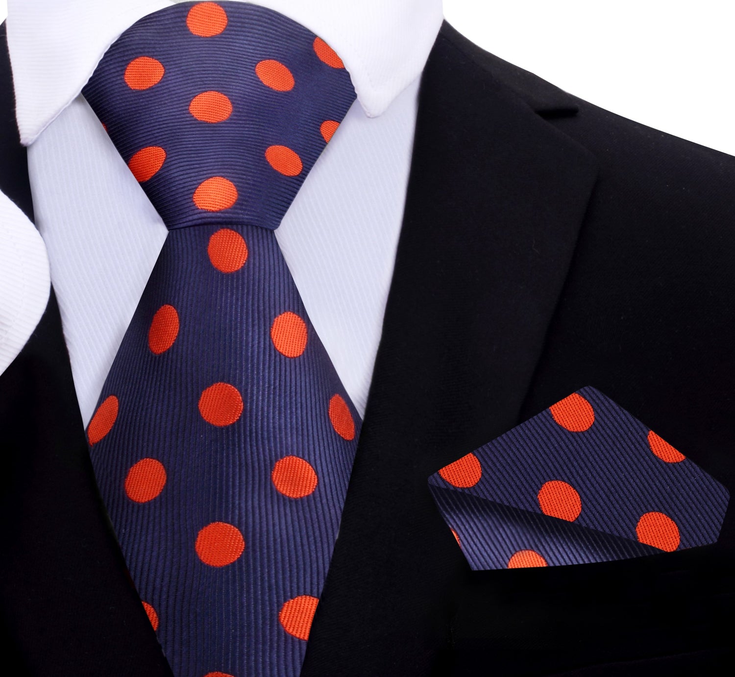 A Blue, Orange Polka Dot Pattern Silk Necktie, Matching Pocket Square