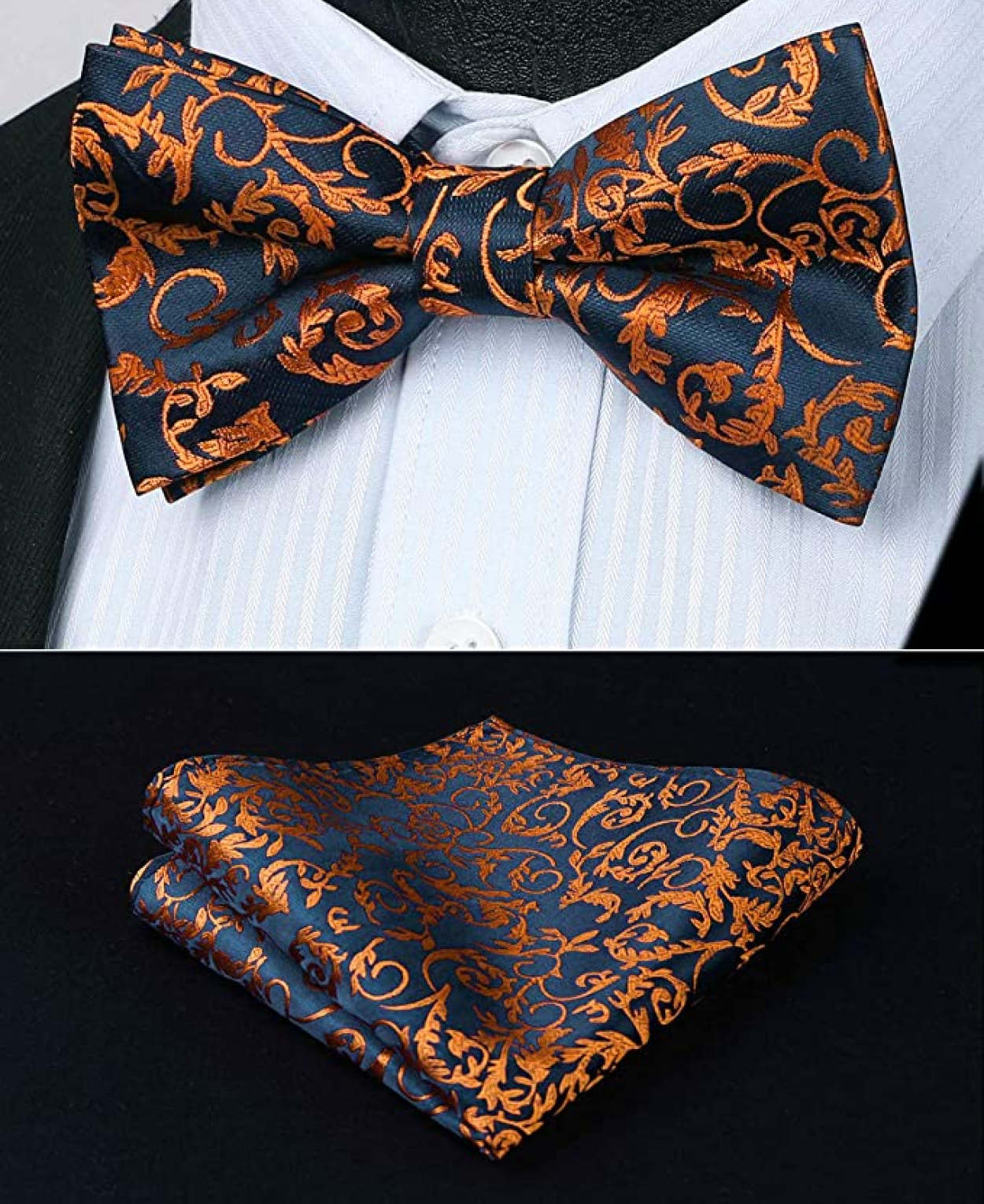 Deep Blue, Orange Floral Bow Tie and Square