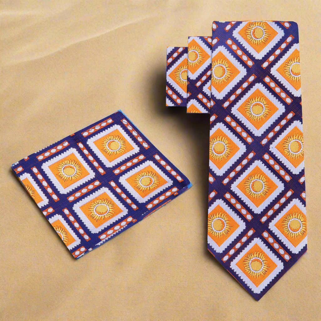 A Dark Blue, Orange Sunburst Design Silk Necktie, Matching Pocket Square