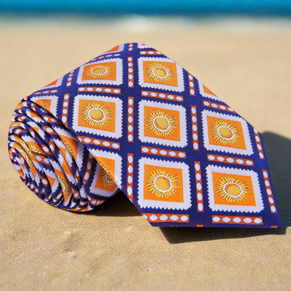  A Dark Blue, Orange Sunburst Design Silk Tie