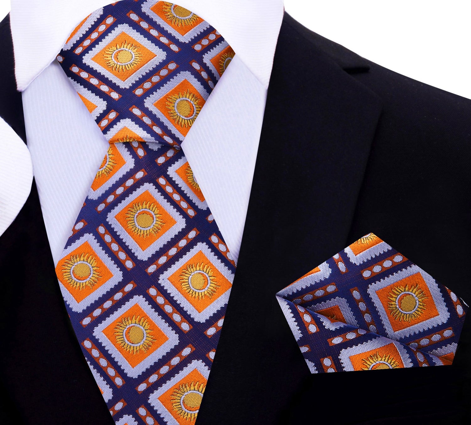 A Dark Blue, Orange Sunburst Design Silk Zipper Necktie, Matching Pocket Square