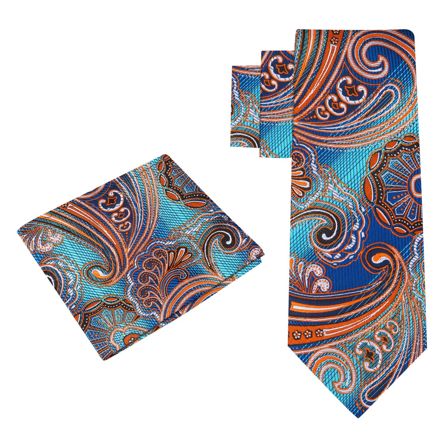 Alt View: A Blue, Orange Paisley Pattern Silk Necktie, Matching Silk Pocket Square