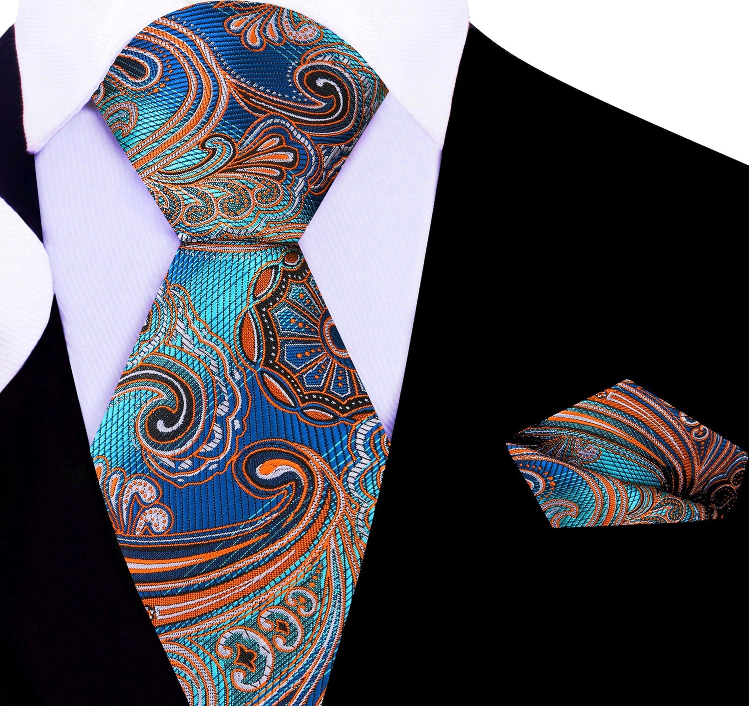A Blue, Orange Paisley Pattern Silk Necktie, Matching Silk Pocket Square