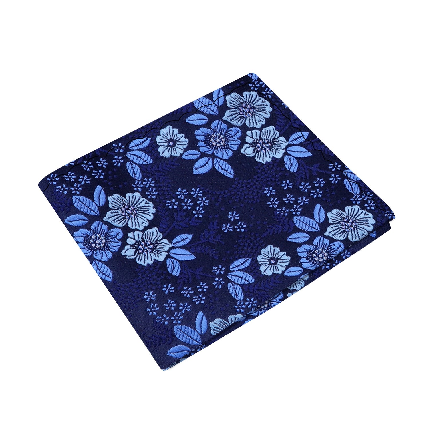 A Blue, Light Blue Detailed Flowers Pattern Silk Pocket Square