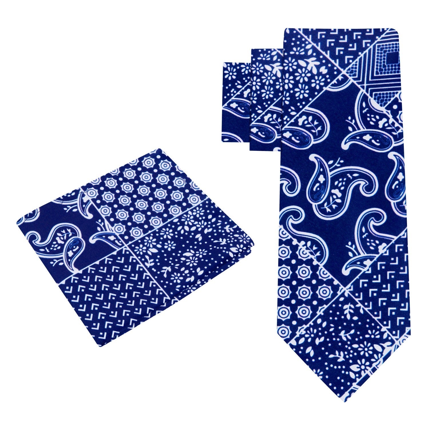 Alt View: Blue, White Patchwork Bandana Paisley Tie and Pocket Square
