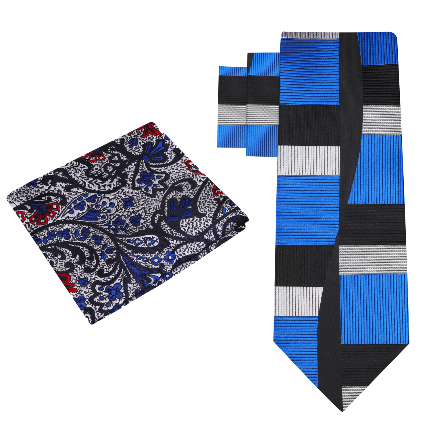 Alt View: Blue, Grey, Black Abstract Tie and Accenting Grey, Black, Red Paisley Pocket Square