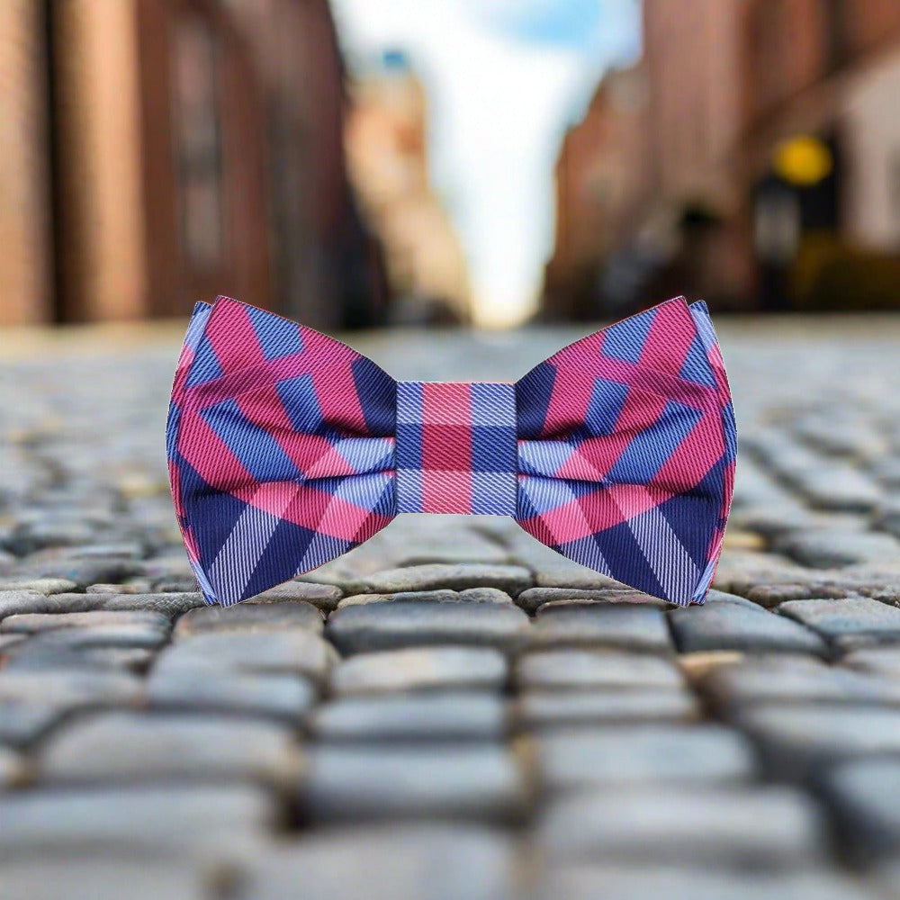 A Pink, Blue Plaid Pattern Silk Self Tie Bow Tie 