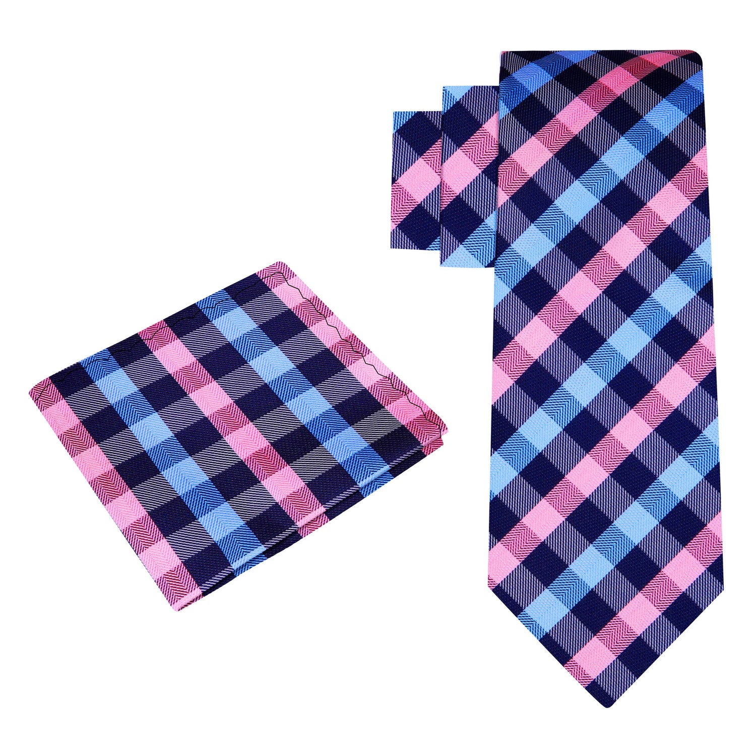 Alt View: A Pink, Blue Small Geometric Checker Pattern Silk Necktie, With Matching Pocket Square