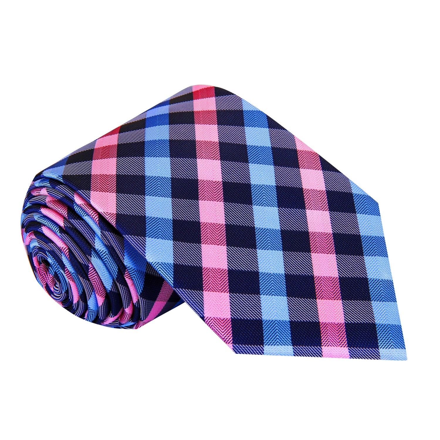 A Pink, Blue Small Geometric Checker Pattern Silk Necktie 