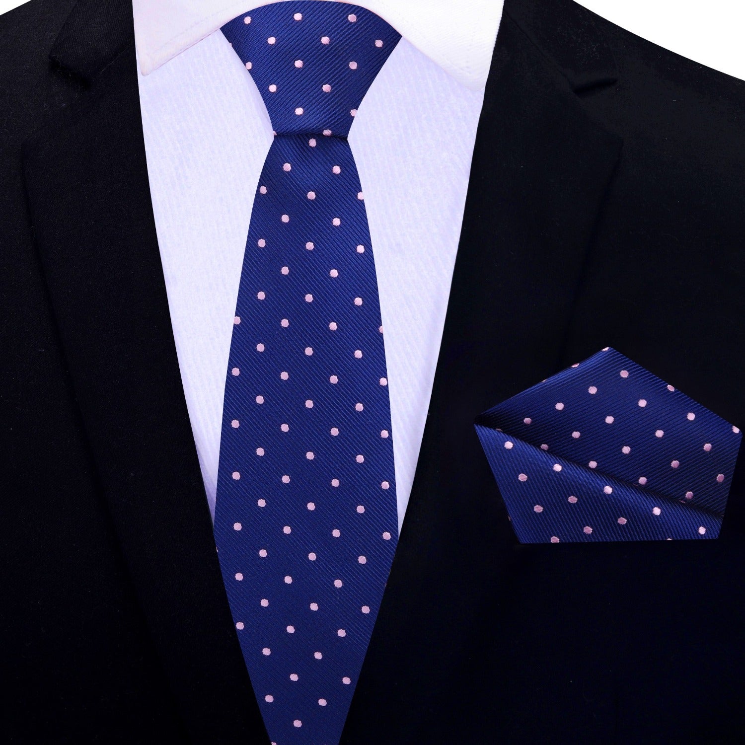 Thin Tie View: Blue, Pink Small Polka Dot Tie and Pocket Square