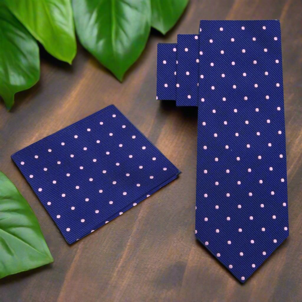 Alt View: Blue, Pink Small Polka Dot Tie and Pocket Square