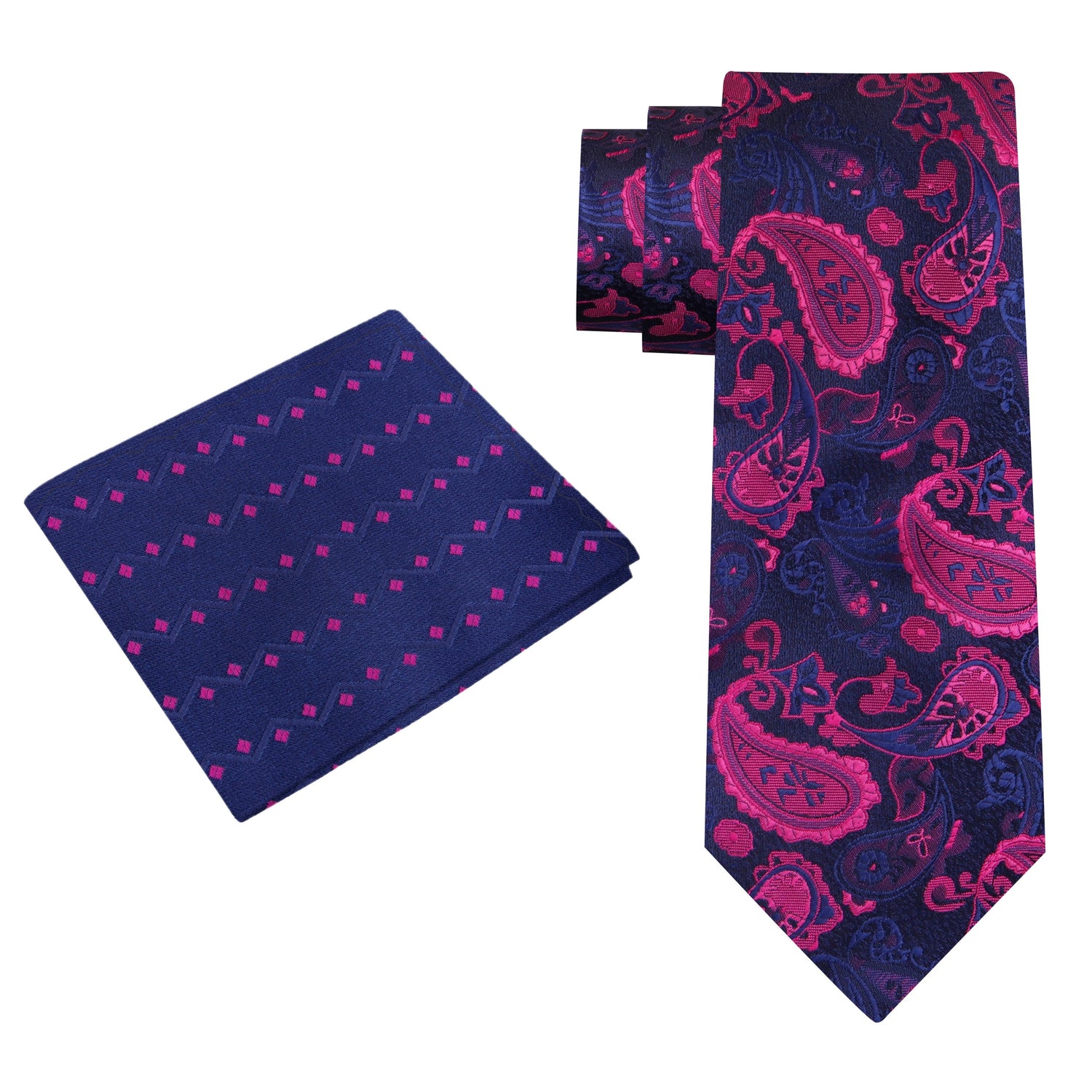 Alt View: A Dark Blue, Pink Paisley Pattern Silk Necktie, Accenting Pocket Square||Blue, Pink