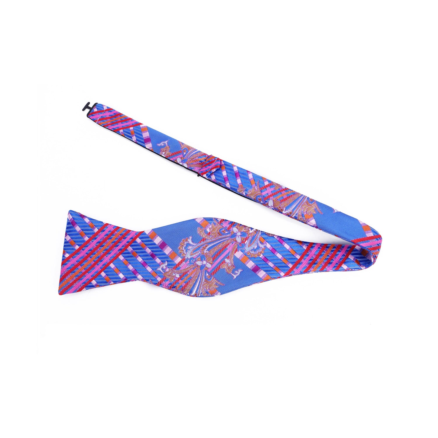 A Blue, Pink Abstract Intricate Floral and Paisley Pattern Silk Self Tie Bow Tie Untied